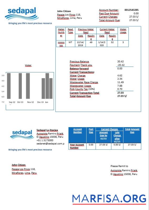 Printable Peru Sedapal La Atarjea water utility bill in Word format template
